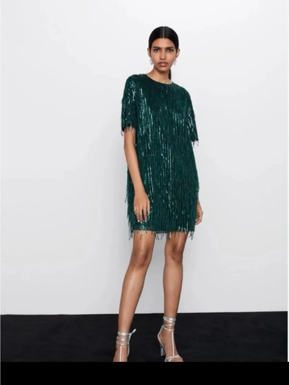 NWT ZARA Sequin Fringed Mini Dress in Green size Medium